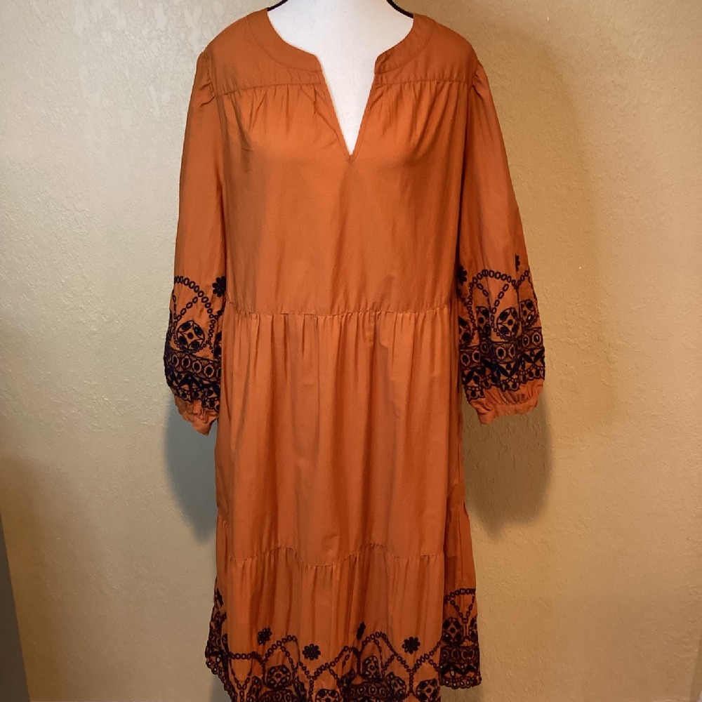 Chico's Burnt Orange Dress with Black Embroidery